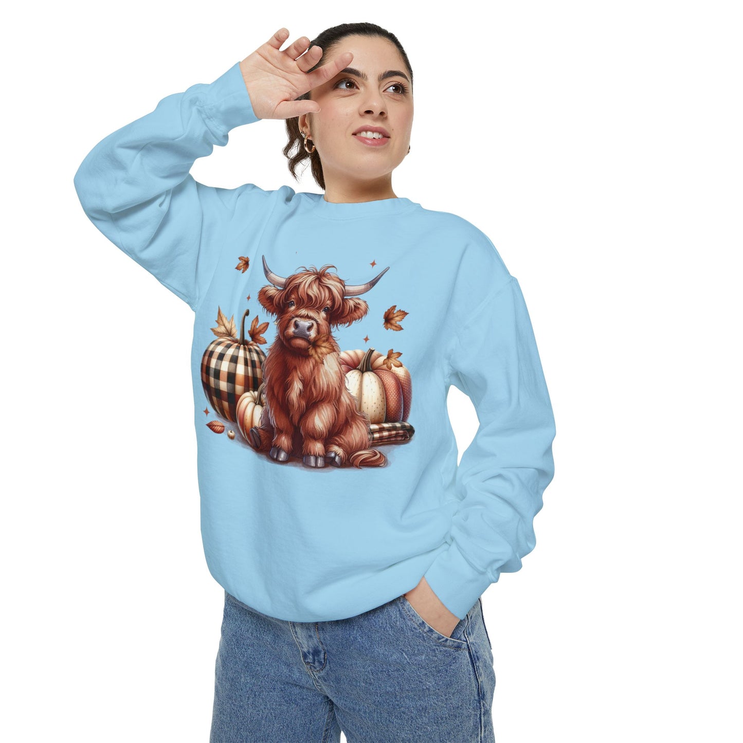 Autumn Highland Cow Charm Unisex Garment-Dyed Sweatshirt