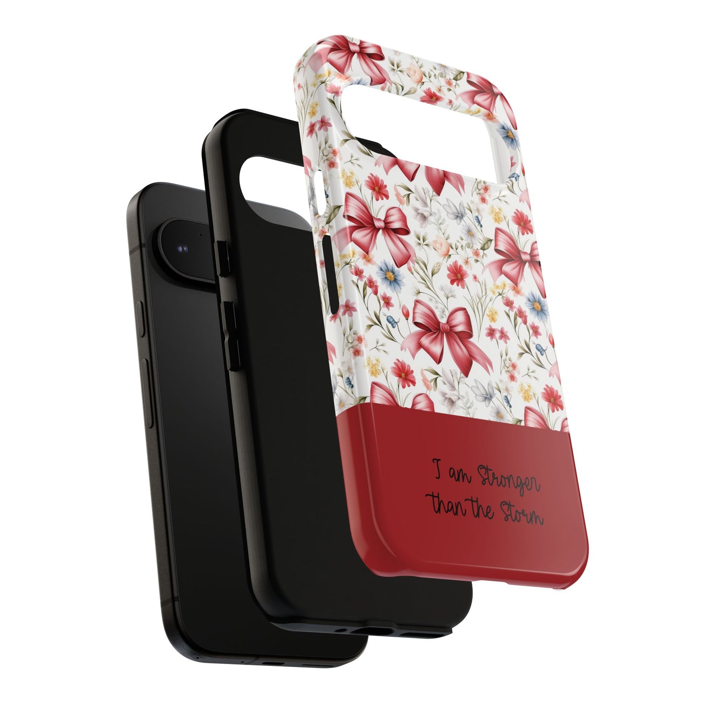 Personalized Rosette Coquette Phone Case - Custom Name/Message 'I Am Stronger Than The Storm' Floral Bow Protective Case