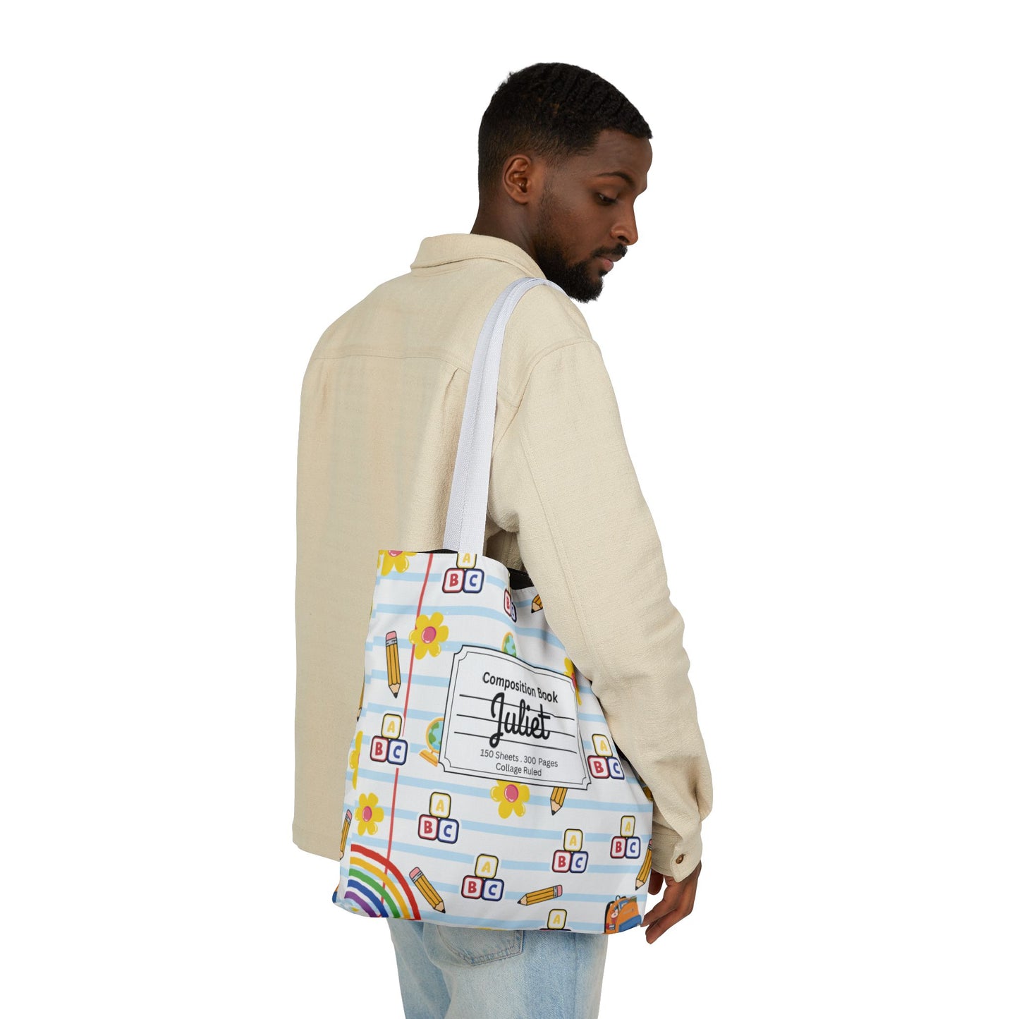 Personalized White Schoolyard Chic Composition Book Inspired Canvas Tote Bag with Colorful Straps, Cute School Bag, Eco-Friendly Tote, Back to School Shopping Bag, Teacher Gift Idea