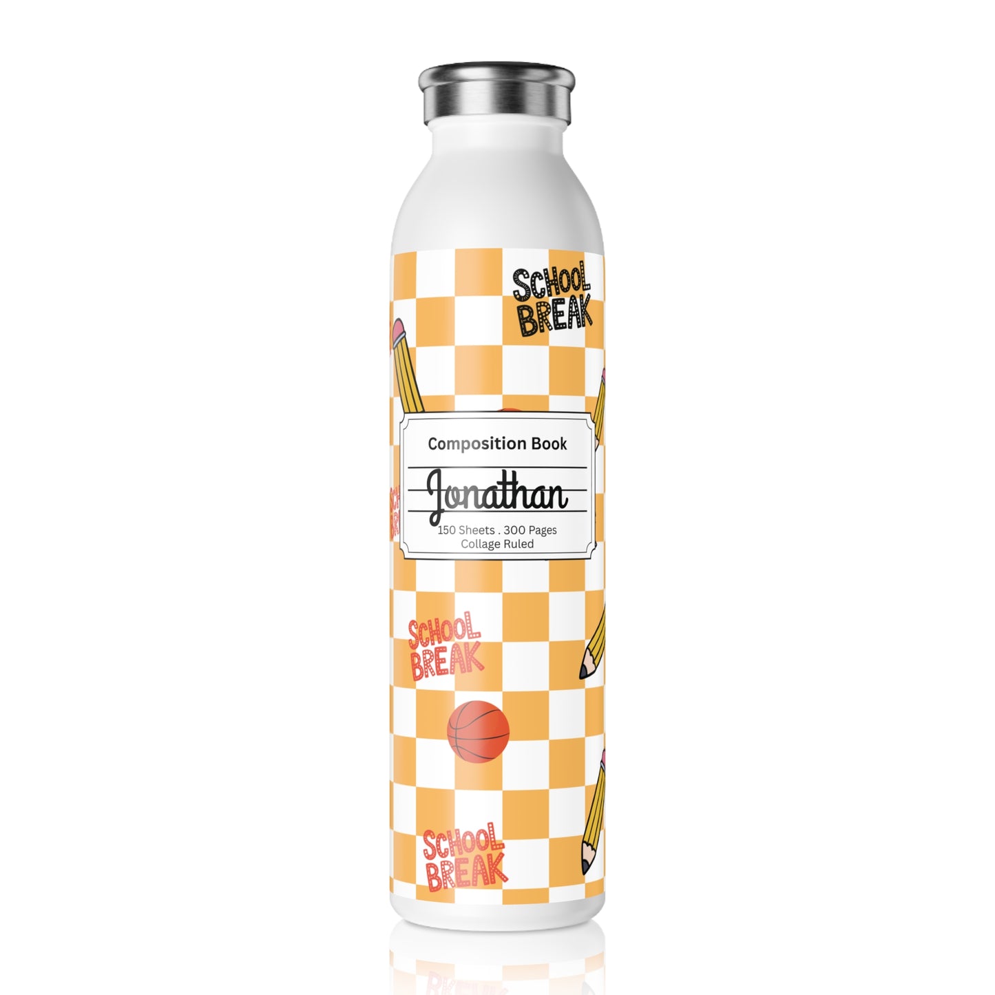 Personalized Orange Schoolyard Chic Composition Book Inspired Slim Water Bottle, Customizable Drinkware, Eco-Friendly Hydration Bottle, Perfect for Gifts, School Supplies, Back to School