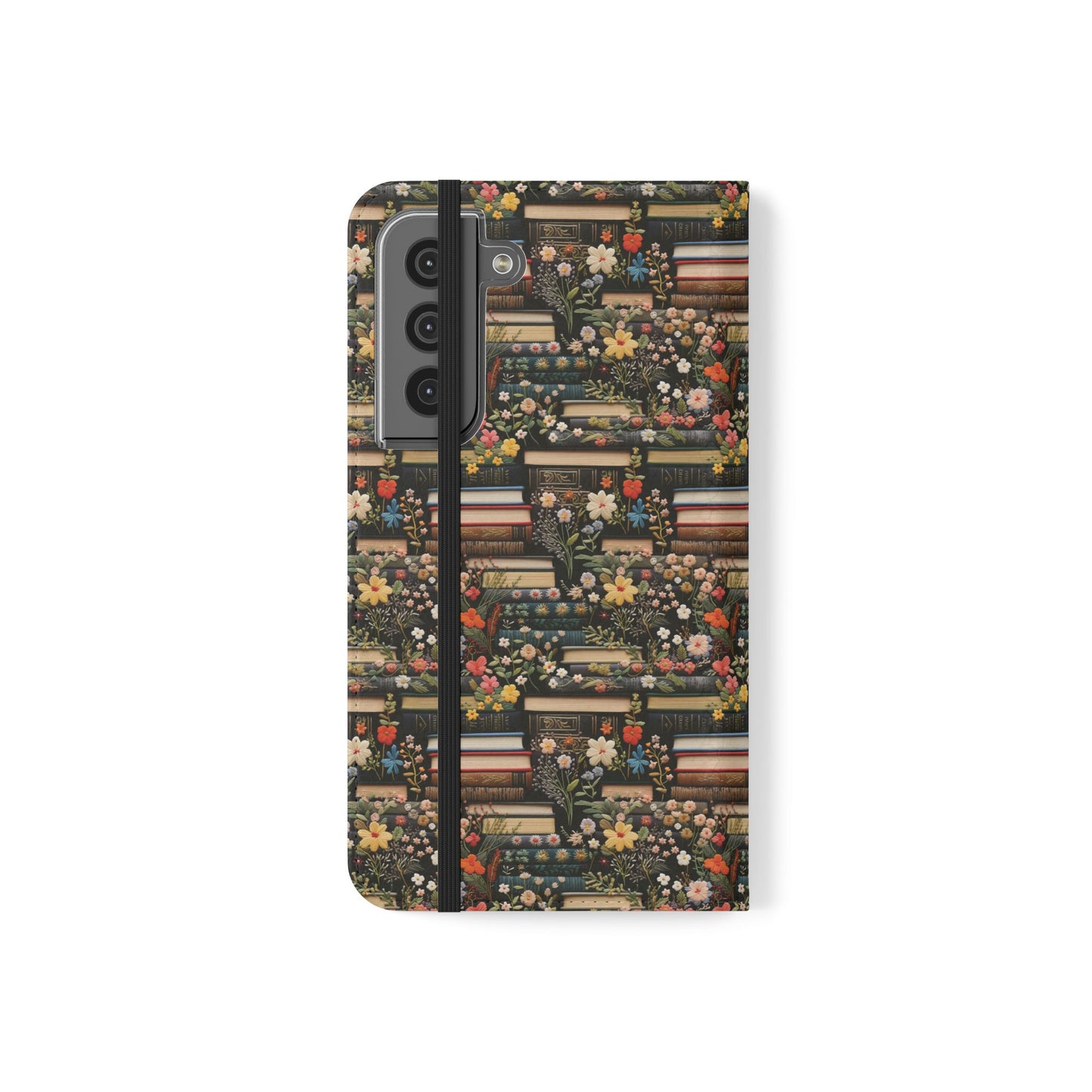 Book Stack Floral Flip iPhone and Samsung Phone Case — Vintage Library Wallet Cover.