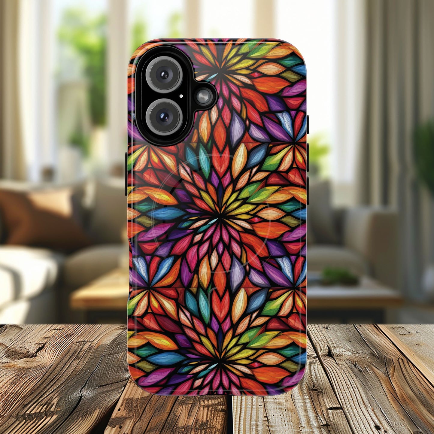Prism Bloom Tough iPhone Magnetic Case, Stained Glass  MagSafe Cases, iPhone Accessory, Floral Design, Unique Gift, iPhone Protection