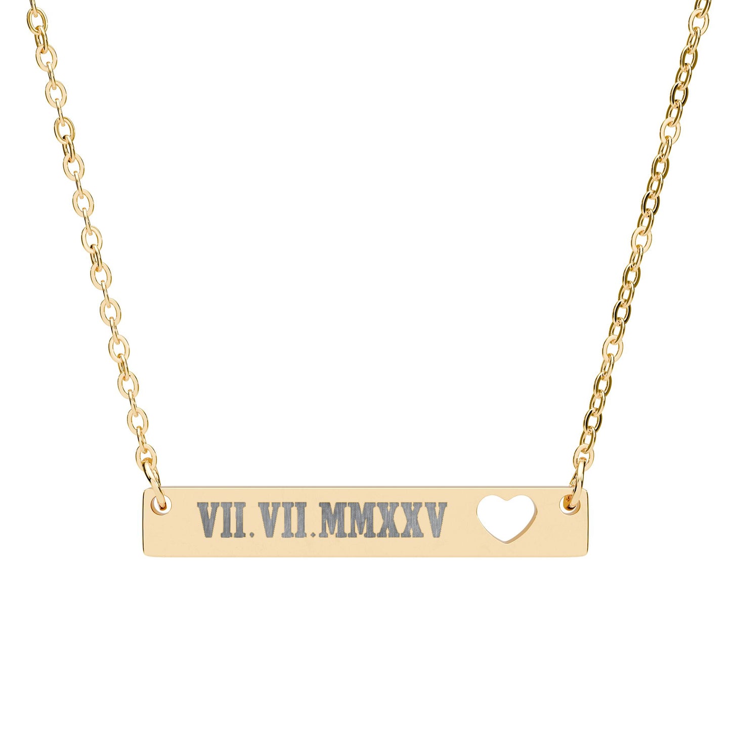 Engravable Cutout Heart Bar Necklace — Personalized Date Roman Numerals/Message/Name