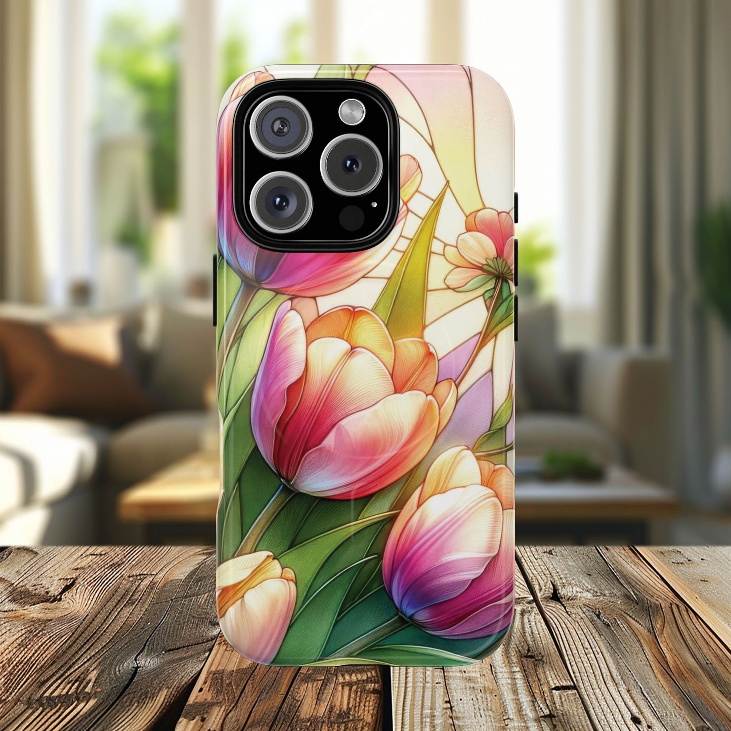 Tulip Glow Tough iPhone Magnetic Case, Floral Design, Spring Gift, Durable Protection, Smartphone Accessories, MagSafe Accessories, Stained Glass Tulip Gift
