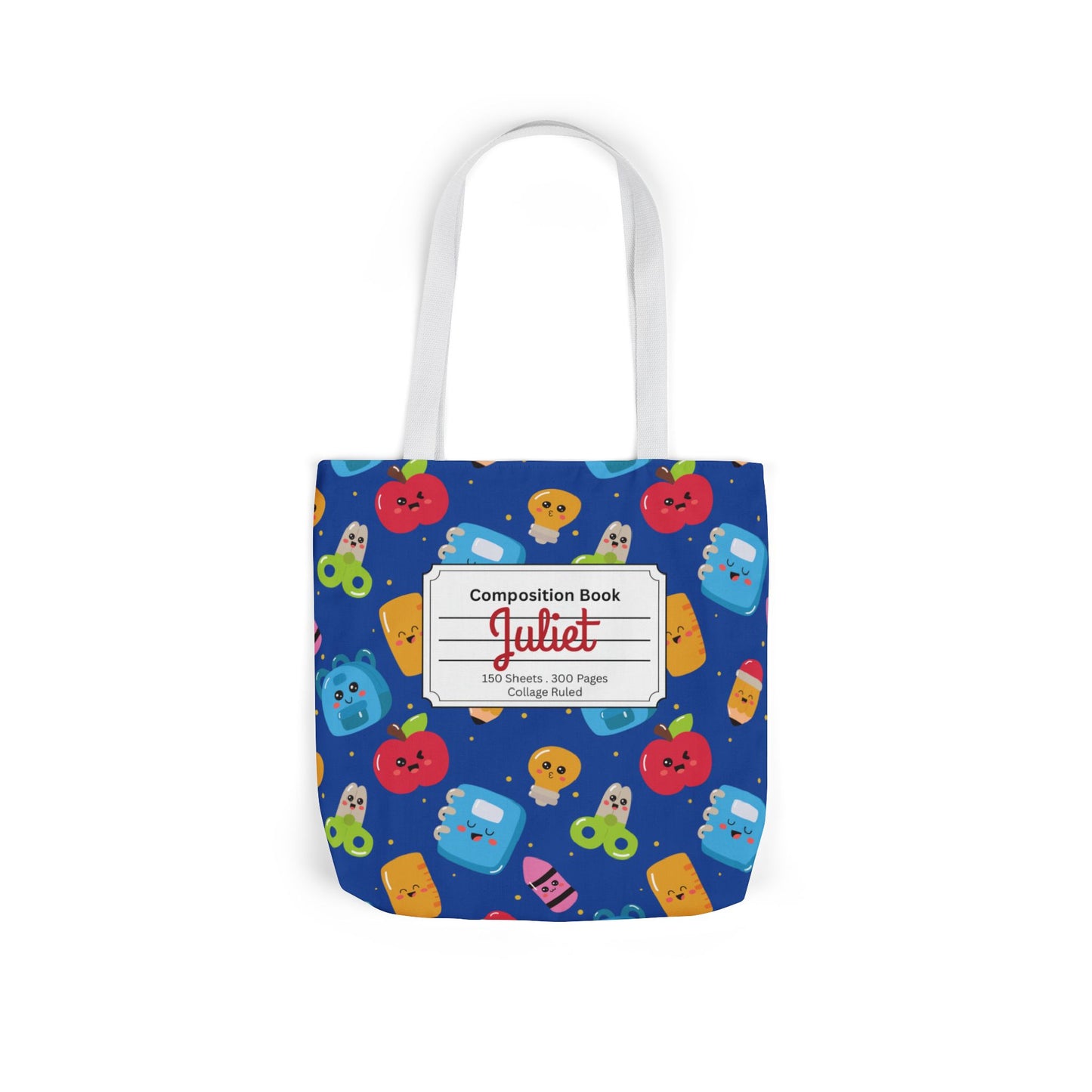 Personalized Blue Kawaii Composition Book Inspired Canvas Tote Bag with Colorful Straps, Cute School Bag, Eco-Friendly Tote, Back to School Shopping Bag, Teacher Gift Idea