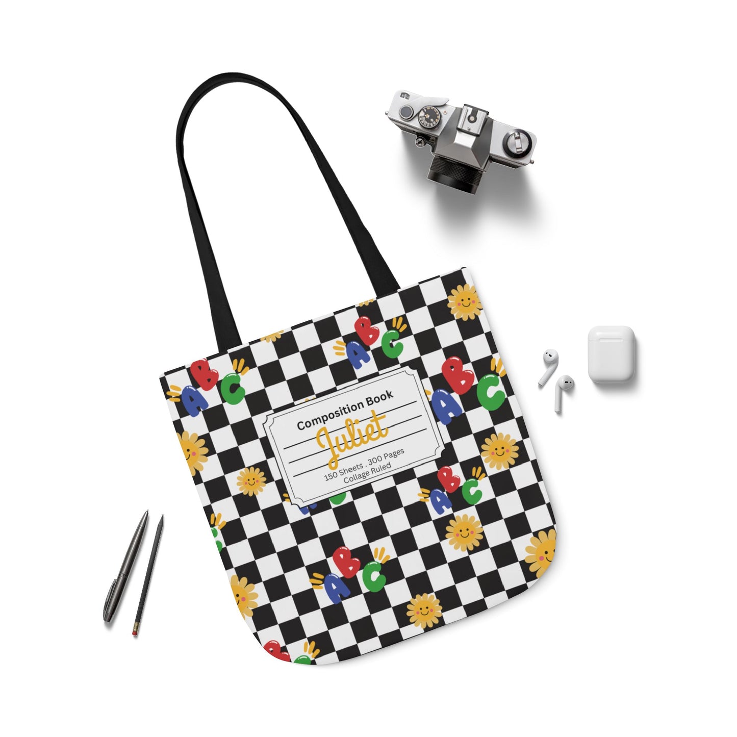 Personalized Schoolyard Chic Composition Book Inspired Canvas Tote Bag with Colorful Straps, Cute School Bag, Eco-Friendly Tote, Back to School Shopping Bag, Teacher Gift Idea