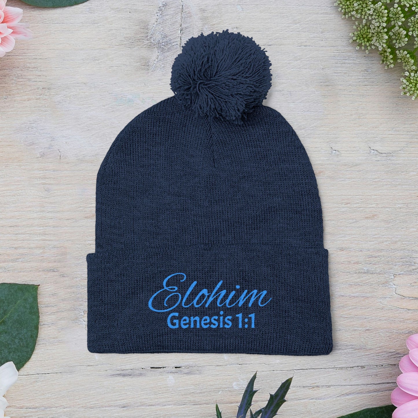 Pom-Pom Knit Cap with 'ELOHIM, GENESIS 1:1'  Embroidery Beanie - Stylish Winter Accessory for All Ages, Perfect Gift for Birthdays, Holidays, and Outdoor Activities