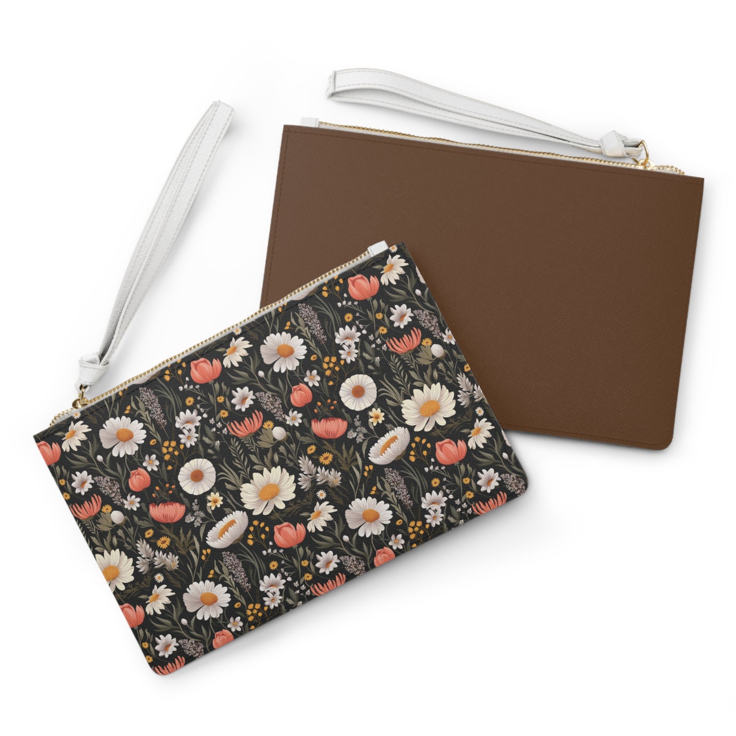 Blossom Elegance: Noir Garden Clutch Bag - Vegan Leather Saffiano Pattern Fashionista On-the-Go Zip Fastening Wrist Strap.