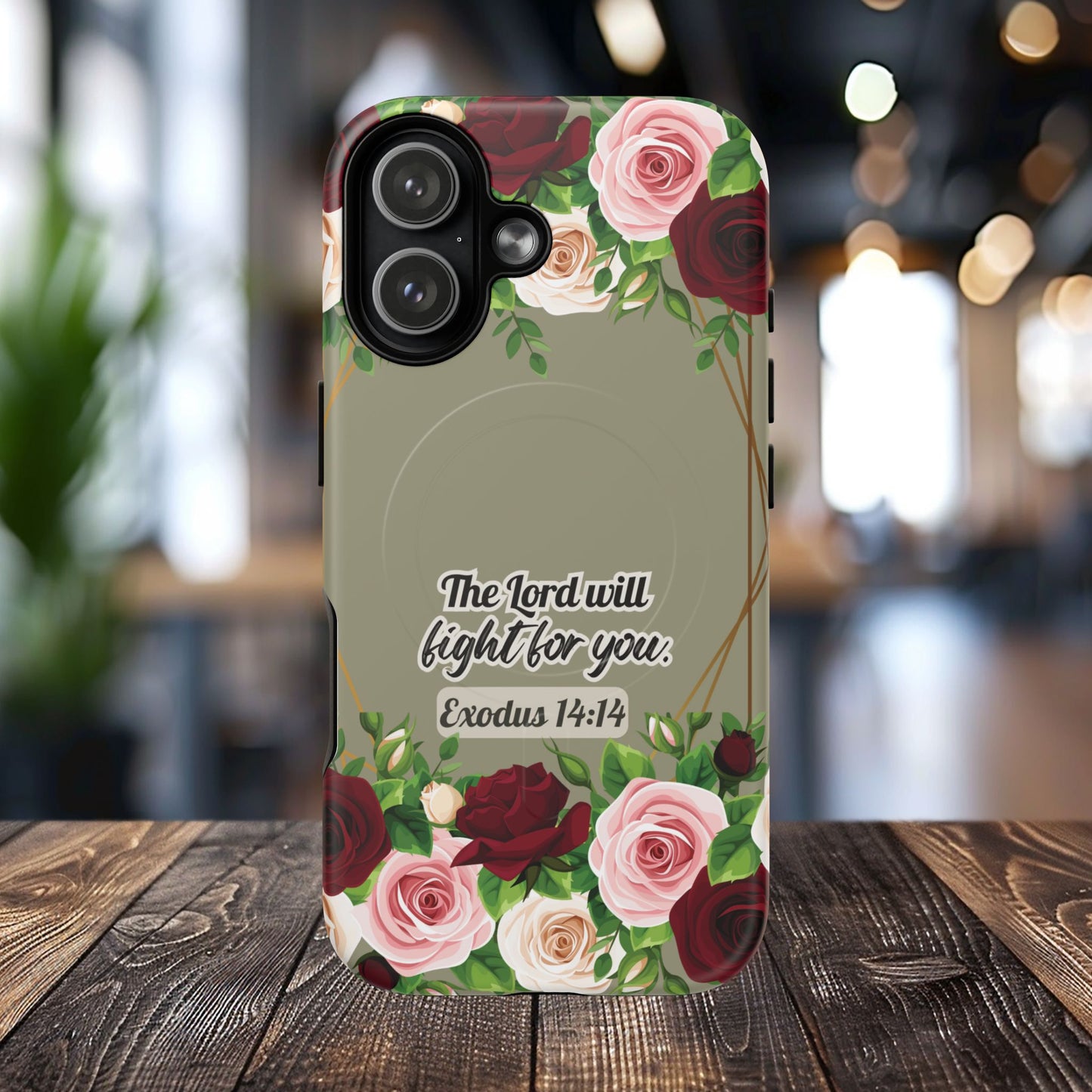 The Lord will Fight for You Exodus 14:14, Inspirational Gift, Tough iPhone Magnetic Case Scripture, Roses Bible Verse, MagSafe® iPhone® Tough Case, iPhone 14, iPhone 15, iPhone 16, Pro, Pro Max, Plus.