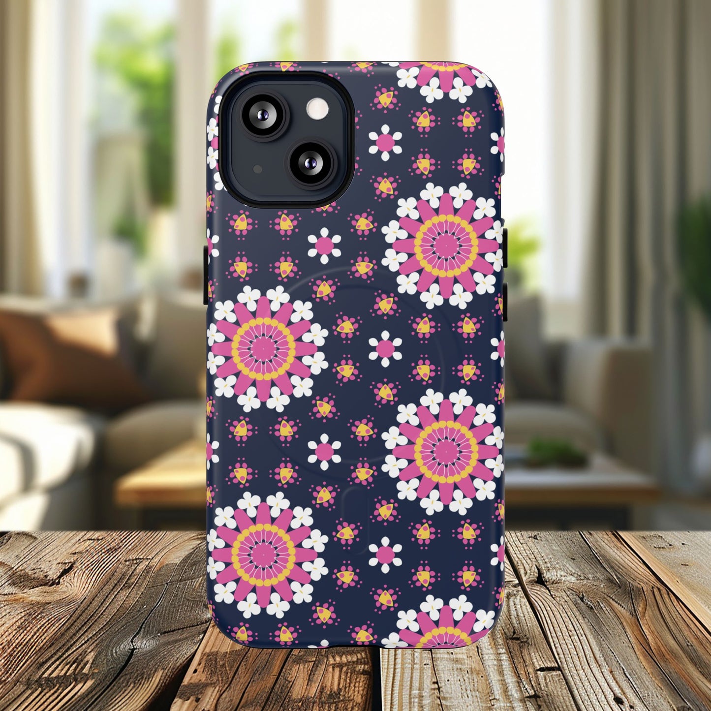Midnight Mandala Bloom Tough iPhone Magnetic Case, Vibrant Design for Protection, Gift for Her, Trendy Accessory, Floral MagSafe iPhone Cover, Birthday, & Everyday Use