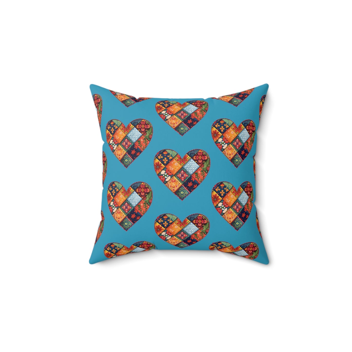 Turquoise Patchwork Heart Spun Polyester Square Pillow