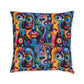 Psychedelic Visions Vibrant Art Square Pillow - Colorful Faces Design on Pink Back
