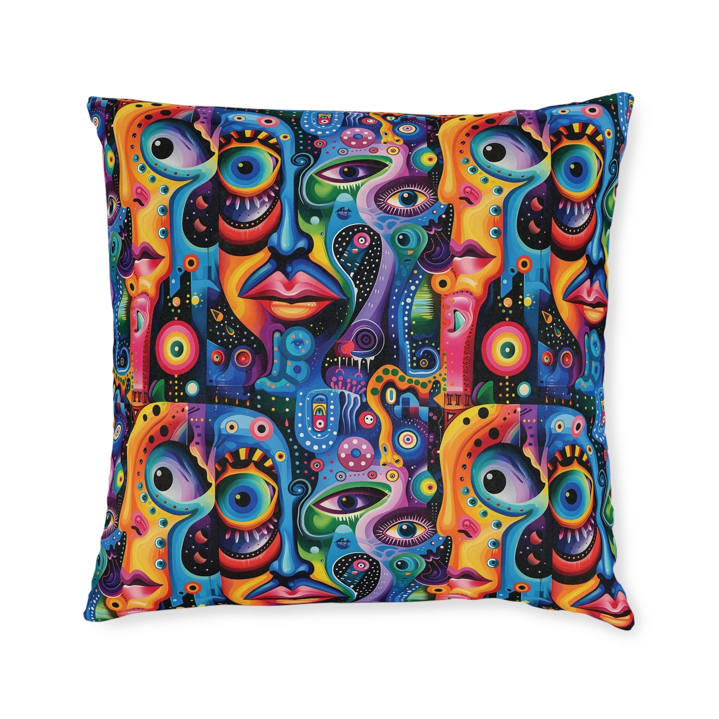 Psychedelic Visions Vibrant Art Square Pillow - Colorful Faces Design on Pink Back