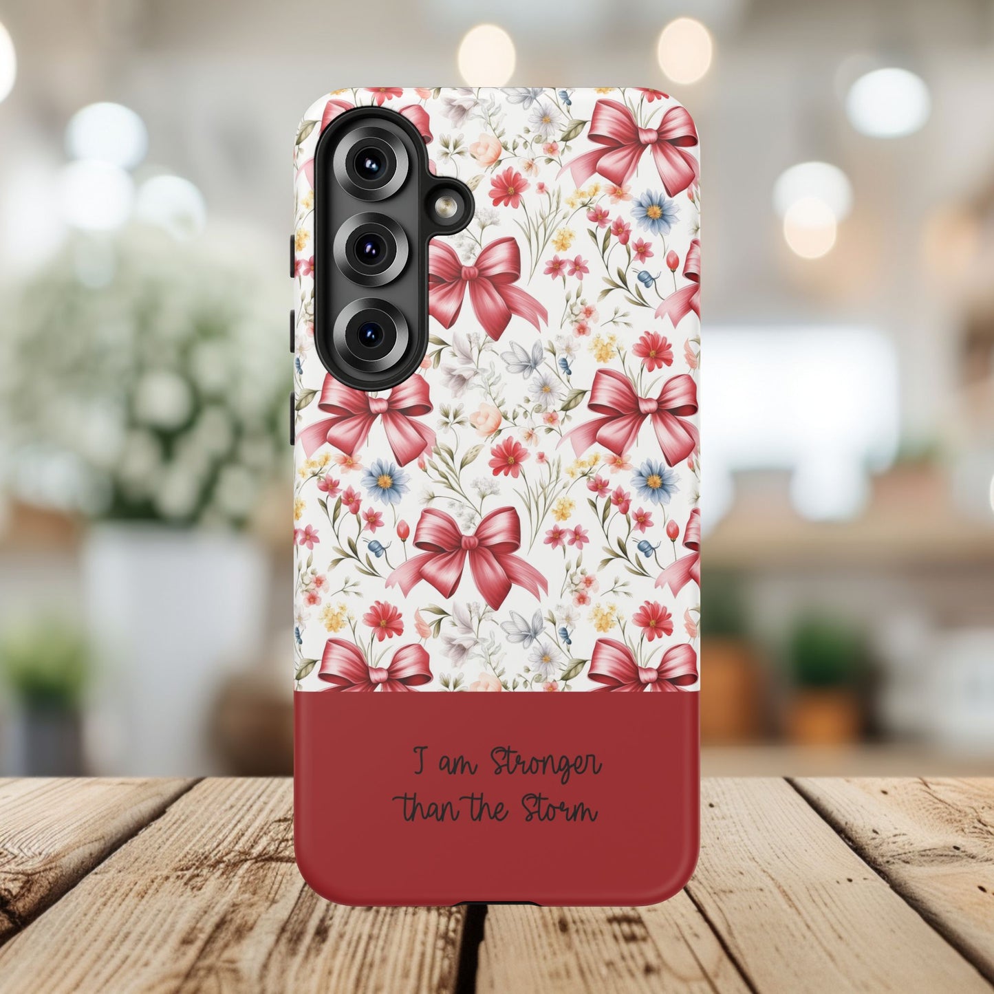 Personalized Rosette Coquette Phone Case - Custom Name/Message 'I Am Stronger Than The Storm' Floral Bow Protective Case