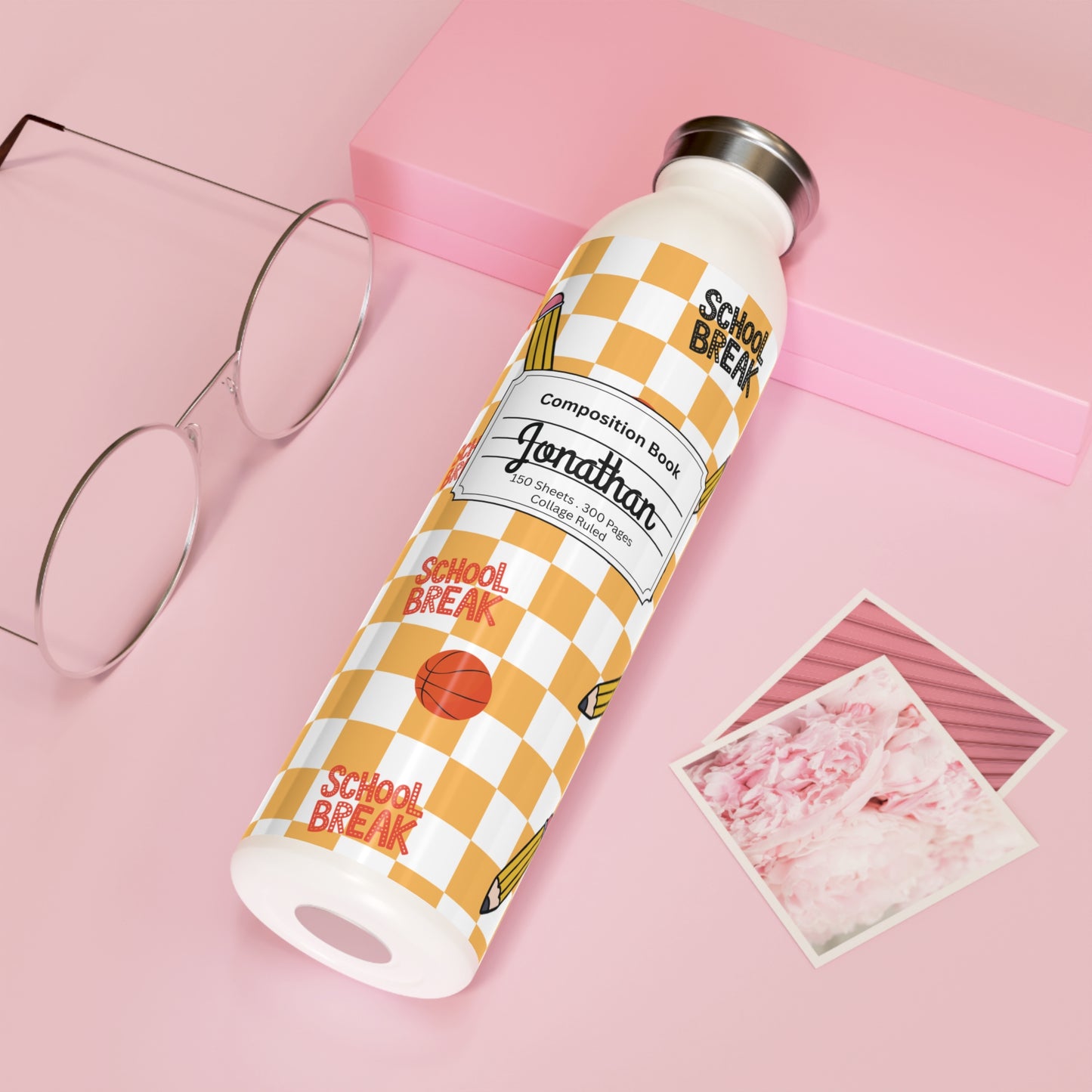 Personalized Orange Schoolyard Chic Composition Book Inspired Slim Water Bottle, Customizable Drinkware, Eco-Friendly Hydration Bottle, Perfect for Gifts, School Supplies, Back to School