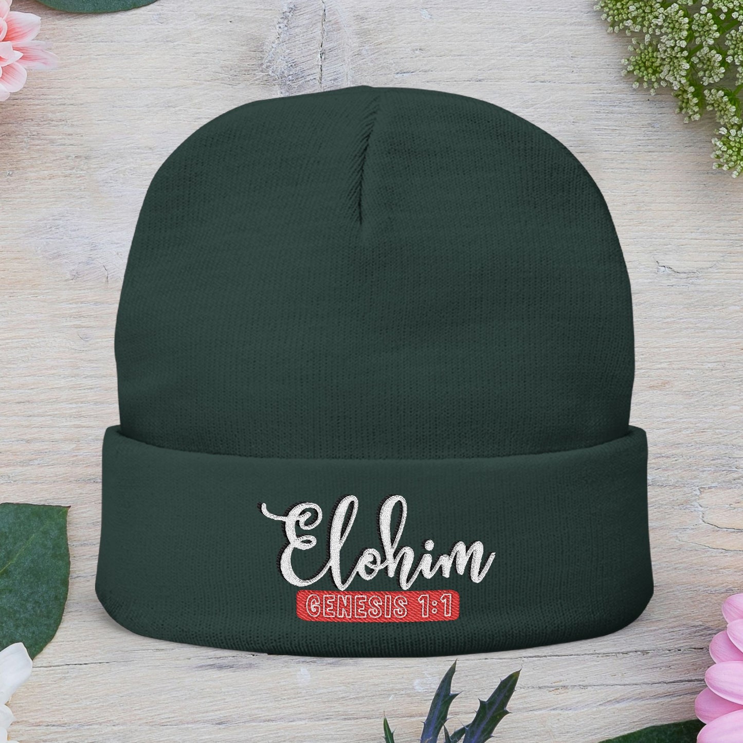 Stylish Knit Beanie with 'ELOHIM, Genesis 1:1' Embroidery, Winter Accessory, Religious Gift, Cozy Beanie Cap, Faith-Inspired Fashion