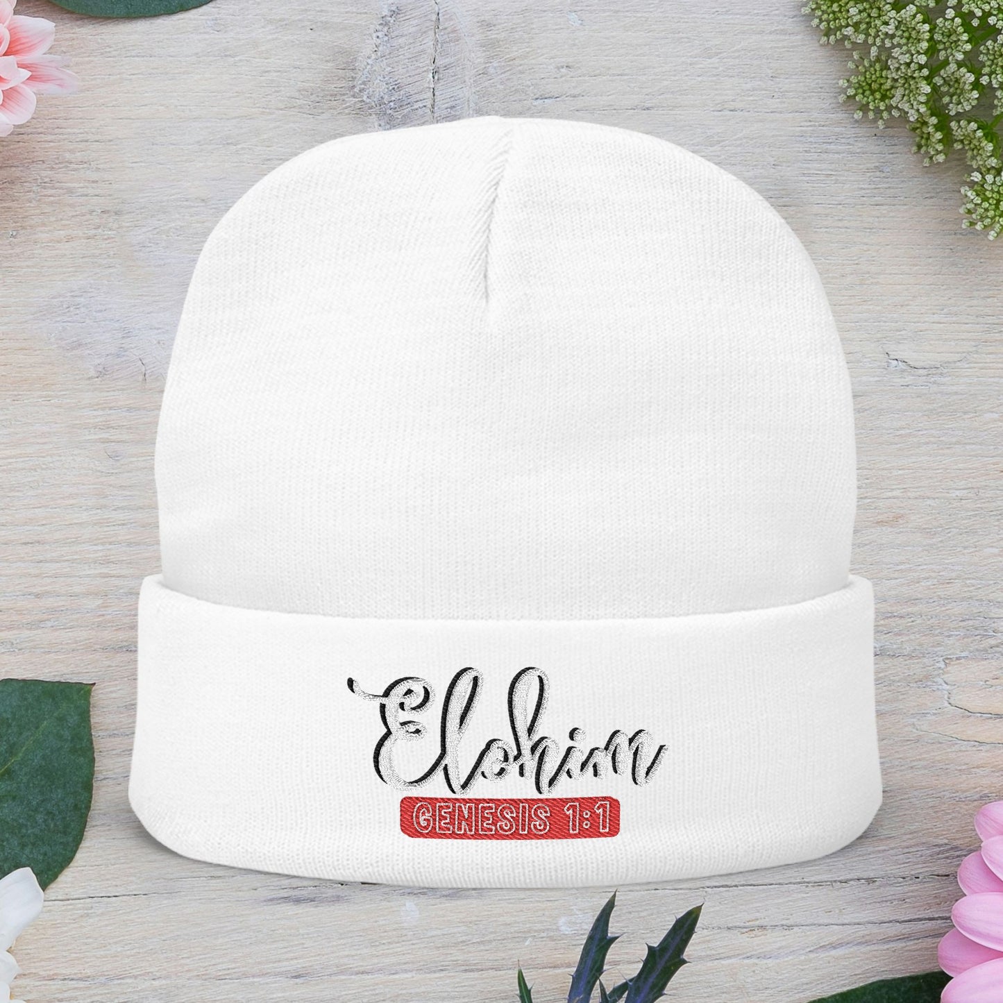 Stylish Knit Beanie with 'ELOHIM, Genesis 1:1' Embroidery, Winter Accessory, Religious Gift, Cozy Beanie Cap, Faith-Inspired Fashion