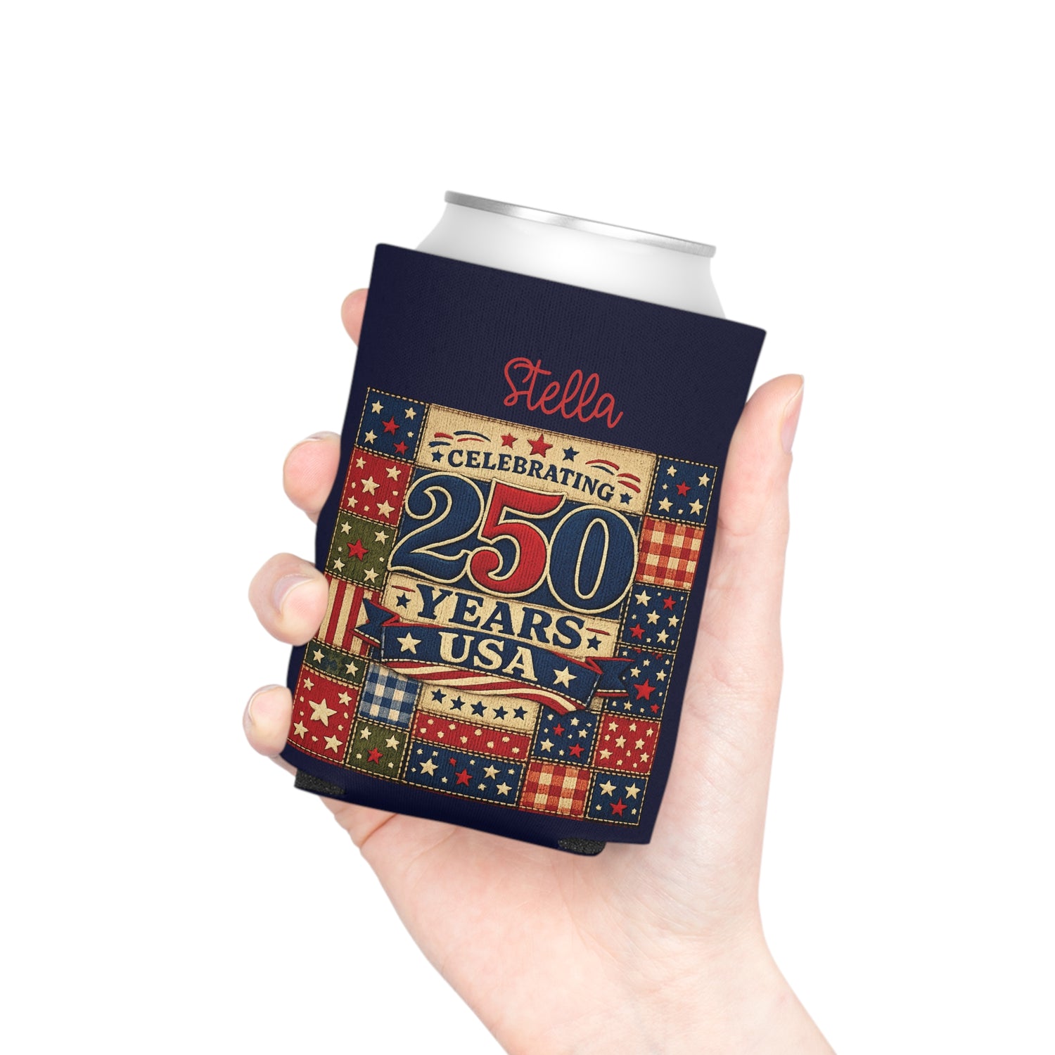 250 Years USA Can Cooler — Personalized Fourth of July Patriotic Beverage Holder