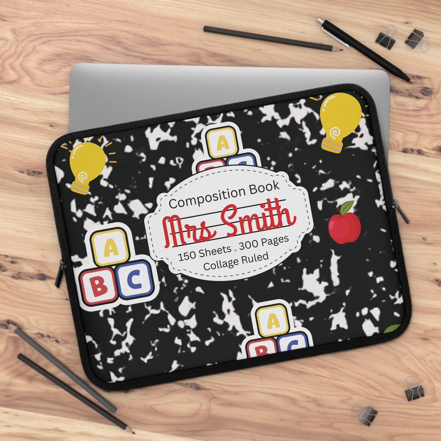 Personalized Laptop Sleeve with Black Composition Book Inspired Design, Customizable Tech Case, School Supplies, Gift for Students, College Essentials, Back to School