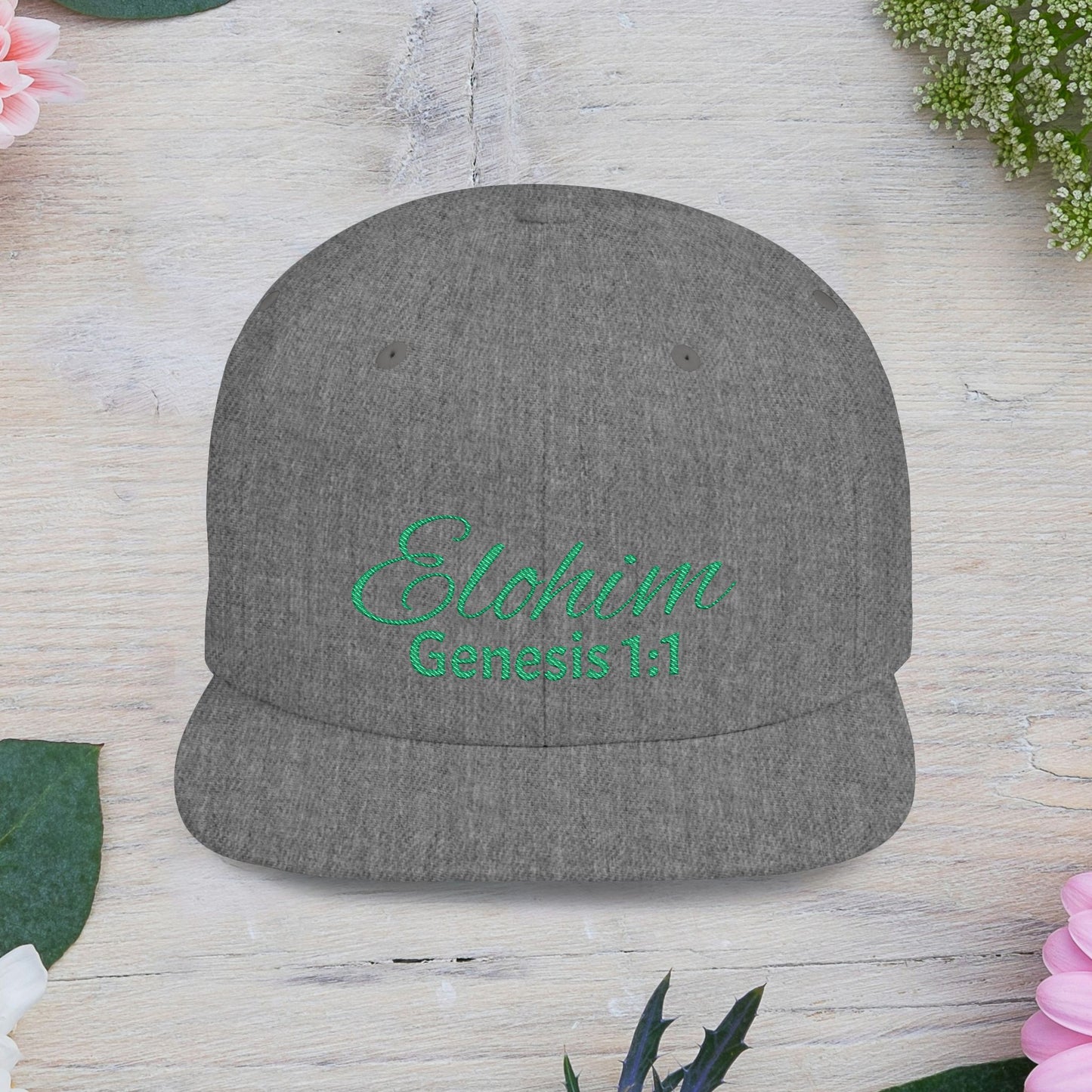 Green Elohim, Genesis 1:1 Snapback Cap - Faith-Inspired Flat Bill Hat, Baseball Hat, Perfect for Gifts, Daily Wear, Spiritual Events.