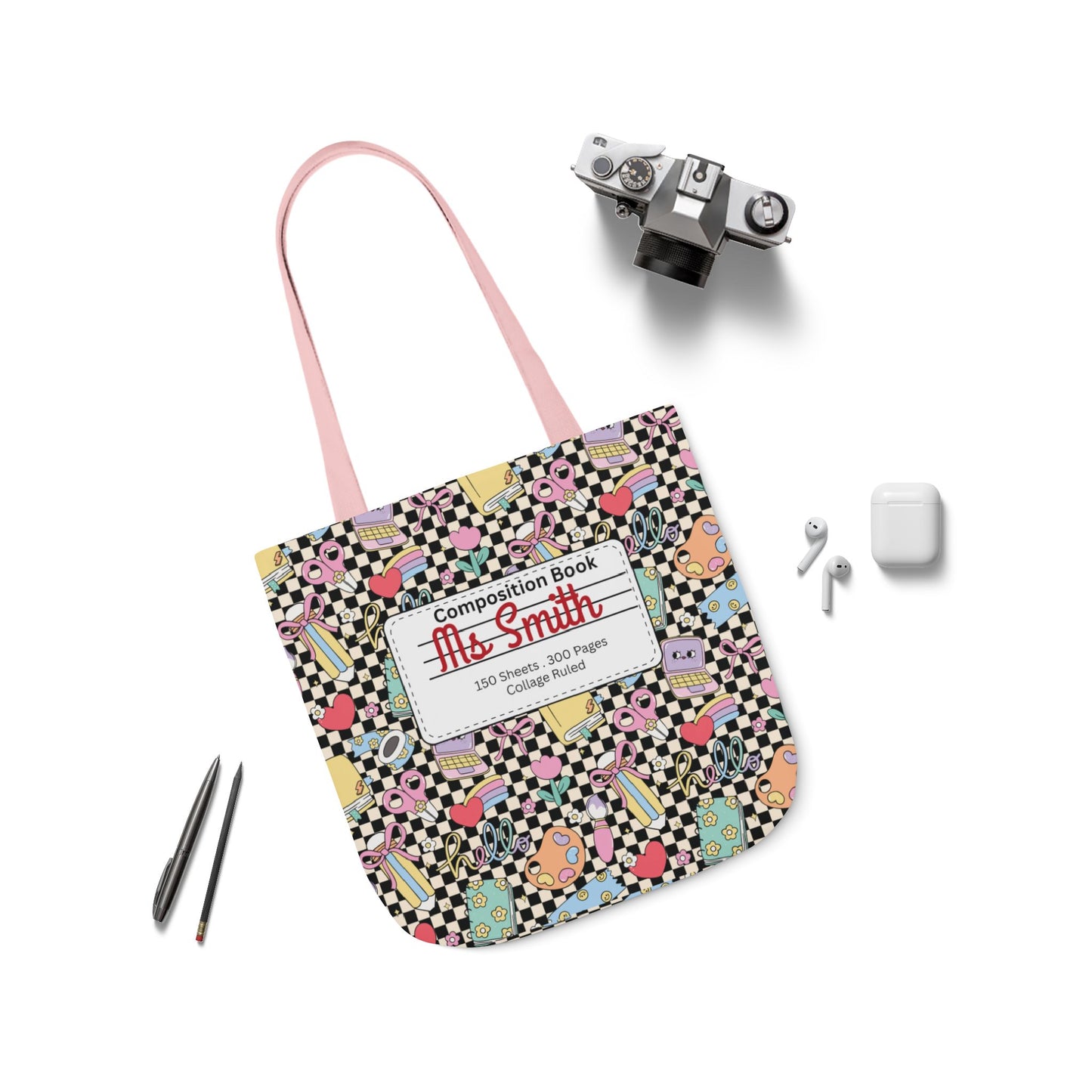 Personalized Black Doodle Daydream Composition Book Inspired Canvas Tote Bag with Colorful Straps, Cute School Bag, Eco-Friendly Tote, Back to School Shopping Bag, Teacher Gift Idea