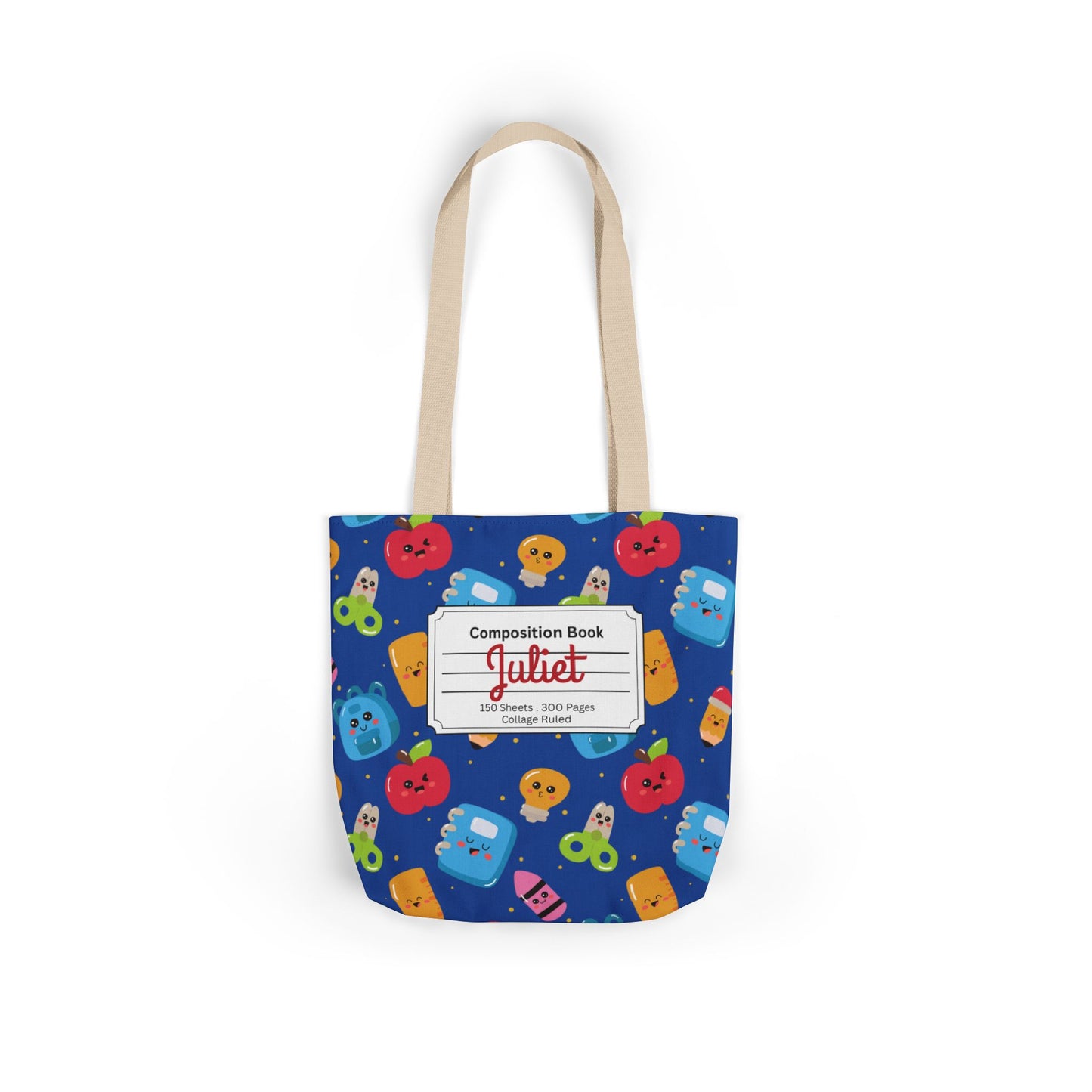 Personalized Blue Kawaii Composition Book Inspired Canvas Tote Bag with Colorful Straps, Cute School Bag, Eco-Friendly Tote, Back to School Shopping Bag, Teacher Gift Idea