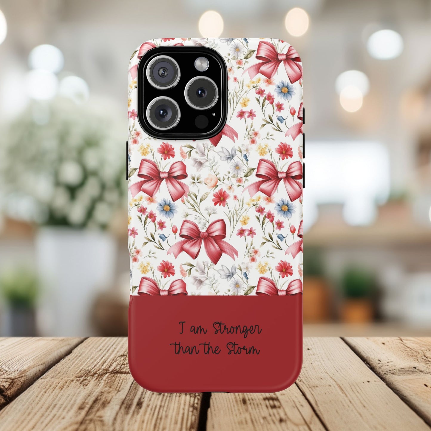 Personalized Rosette Coquette Phone Case - Custom Name/Message 'I Am Stronger Than The Storm' Floral Bow Protective Case