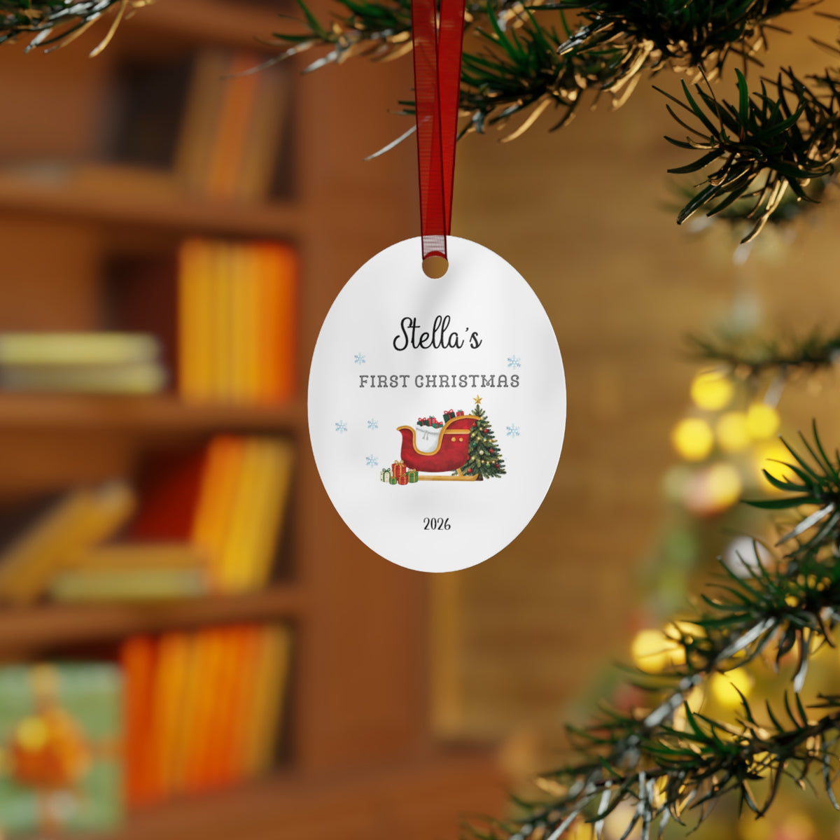 Personalized First Christmas Metal Ornament — Custom Name & Year, Sleigh and Tree Design