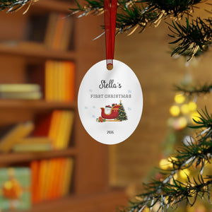 Personalized First Christmas Metal Ornament — Custom Name & Year, Sleigh and Tree Design