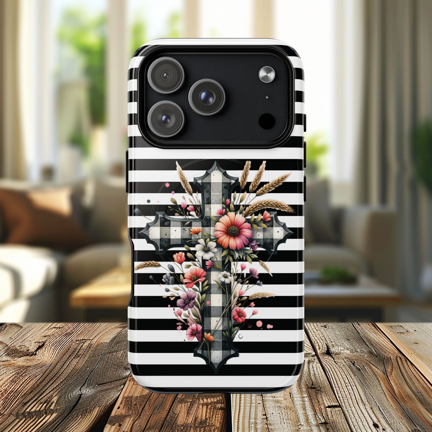 Grace in Bloom Tough Magnetic iPhone Case with Floral Cross Design, Boho iPhone Cover, Striped iPhone Case, Unique Religious Gift, Trendy Cell iPhone Accessory.