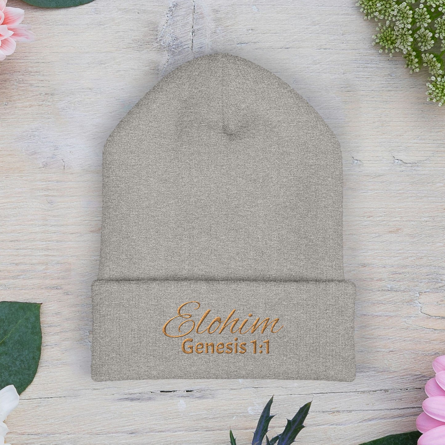 Brown Embroidered 'ELOHIM, GENESIS 1:1' Classic Cuffed Beanie - Cozy Winter Hat, Streetwear Accessory, Personalized Gifts, Religious Apparel, Unisex Beanie