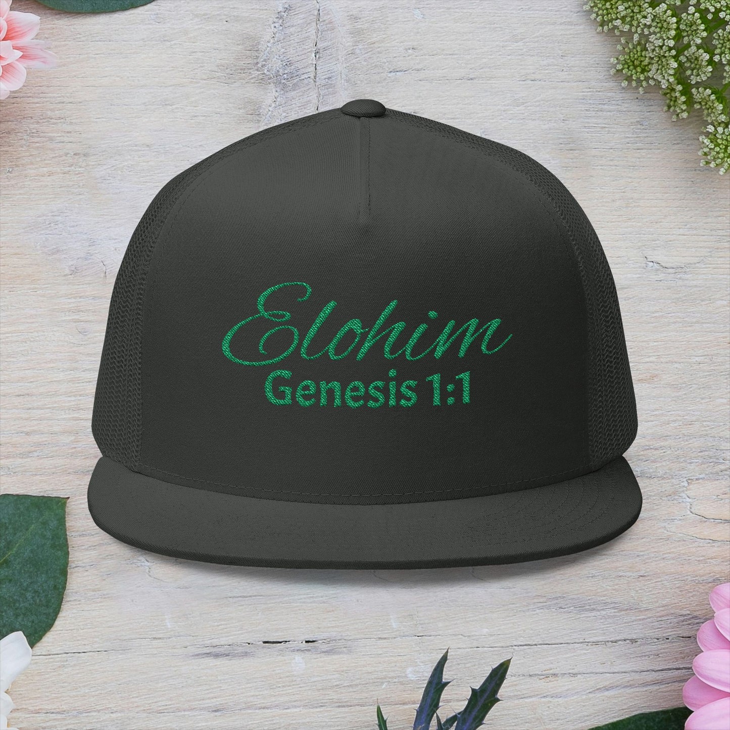 Green 'ELOHIM, GENESIS 1:1'  Embroidered 5 Panel Trucker Cap | Casual Style Hat, Adjustable, Unisex, Perfect Gift for Outdoors, Festivals, Daily Wear