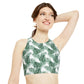 White Tropical Bliss High Neck Crop Bikini Top (AOP)