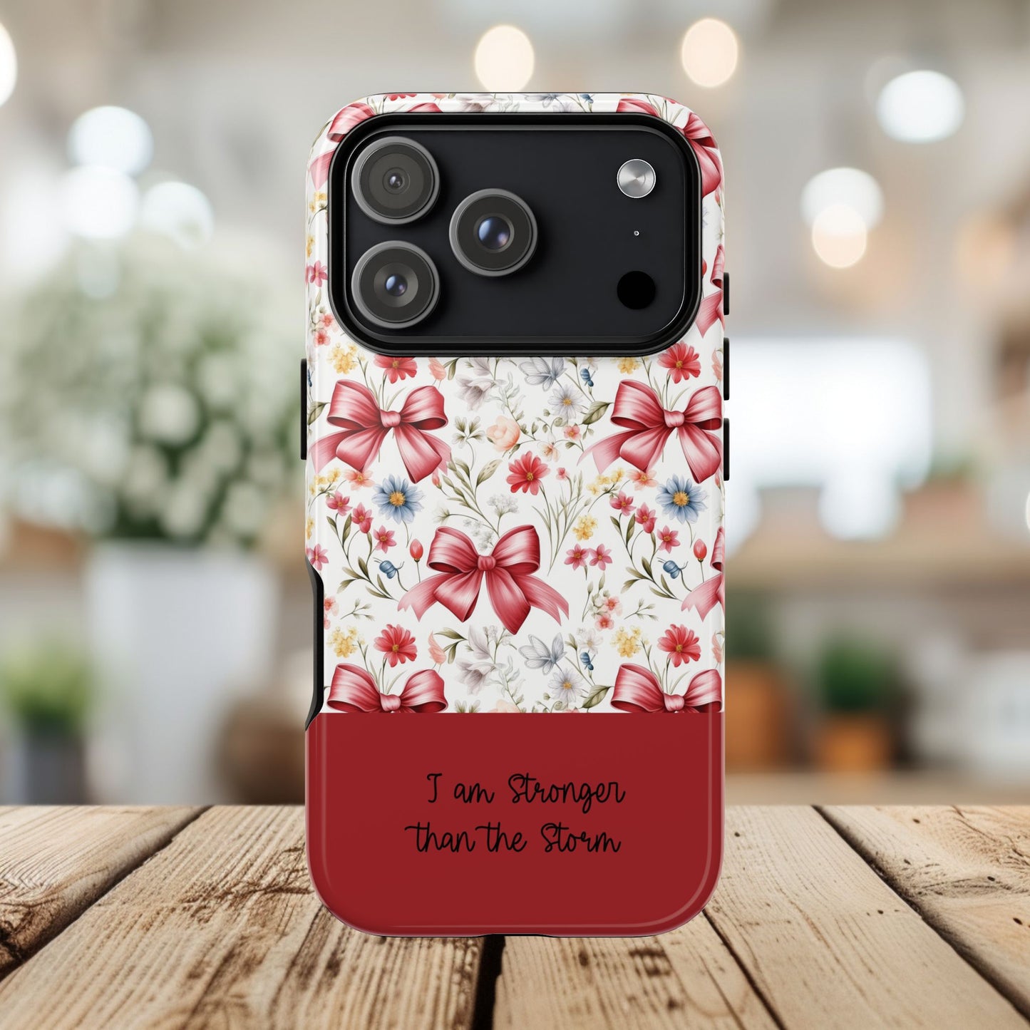 Personalized Rosette Coquette Phone Case - Custom Name/Message 'I Am Stronger Than The Storm' Floral Bow Protective Case