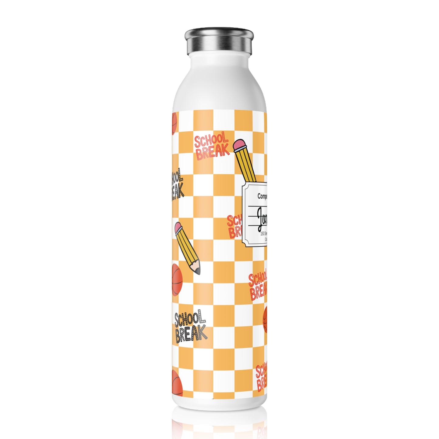 Personalized Orange Schoolyard Chic Composition Book Inspired Slim Water Bottle, Customizable Drinkware, Eco-Friendly Hydration Bottle, Perfect for Gifts, School Supplies, Back to School