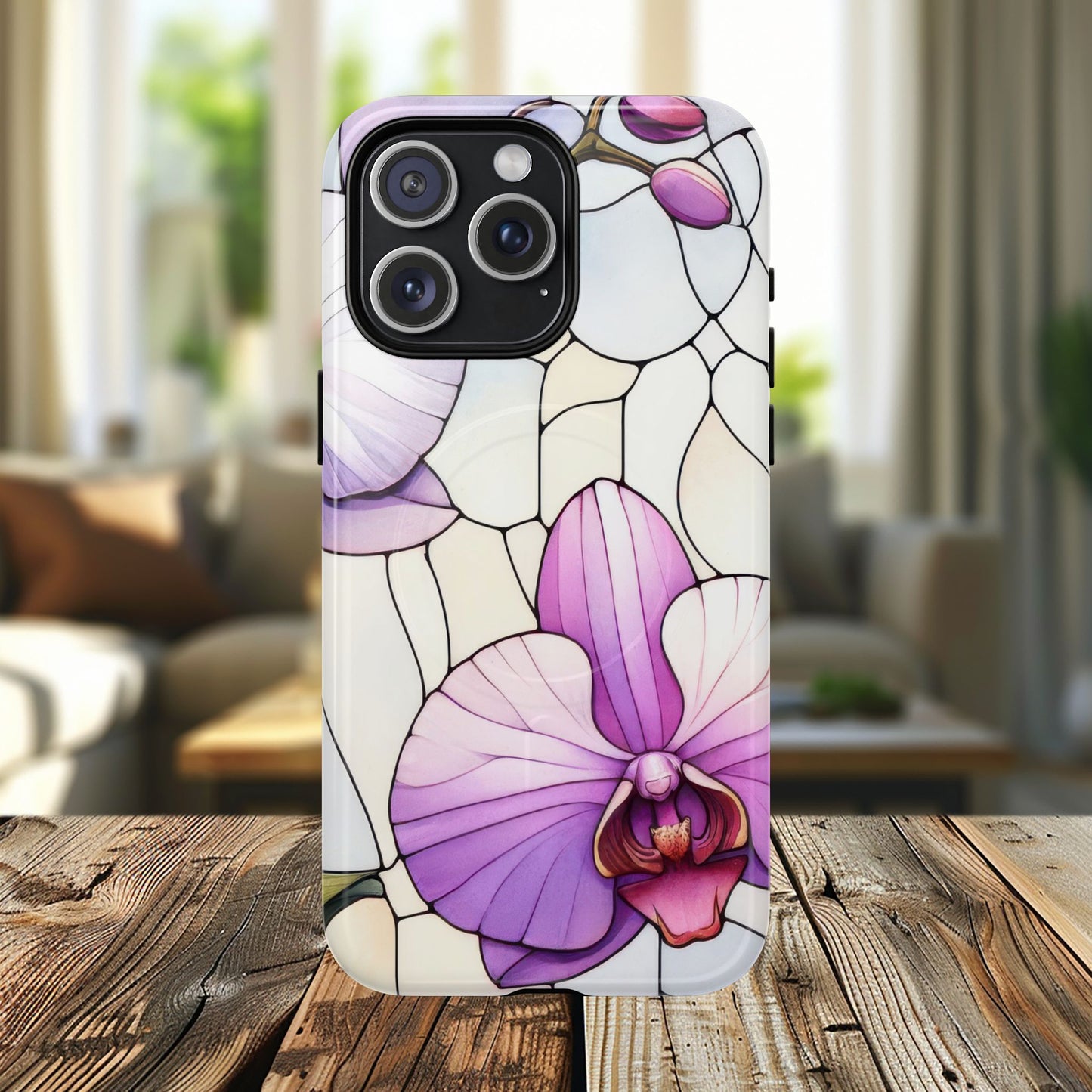 Orchid Grace Tough iPhone Magnetic Case, Protective iPhone Cover, Trendy Stained Glass Design, Floral Gift, Unique iPhone Accessory, Durable iPhone Case