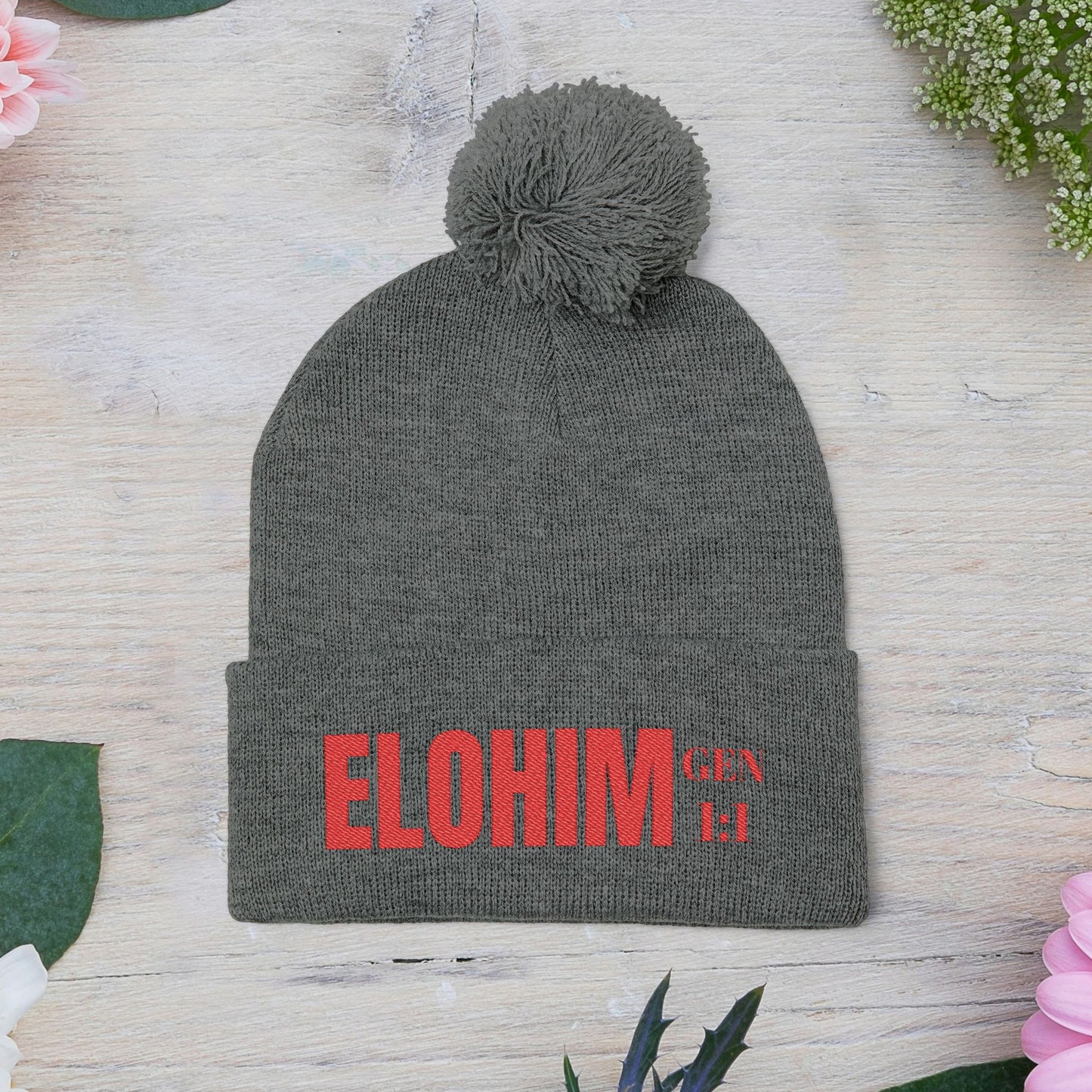 Red Pom-Pom Knit Cap with 'ELOHIM, GENESIS 1:1'  Embroidery Beanie - Stylish Winter Accessory for All Ages, Perfect Gift for Birthdays, Holidays, and Outdoor Activities