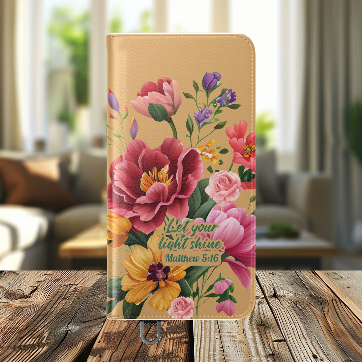 Floral Scripture Flip Case — "Let Your Light Shine" Wallet Phone Cover (Matthew 5:16)