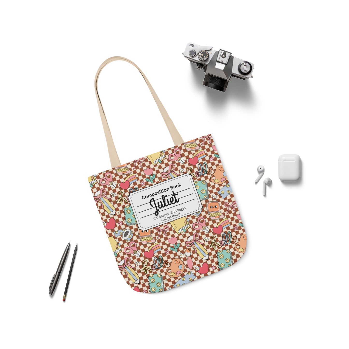 Personalized Brown Doodle Daydream Composition Book Inspired Canvas Tote Bag with Colorful Straps, Cute School Bag, Eco-Friendly Tote, Back to School Shopping Bag, Teacher Gift Idea