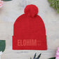Red Pom-Pom Knit Cap with 'ELOHIM, GENESIS 1:1'  Embroidery Beanie - Stylish Winter Accessory for All Ages, Perfect Gift for Birthdays, Holidays, and Outdoor Activities