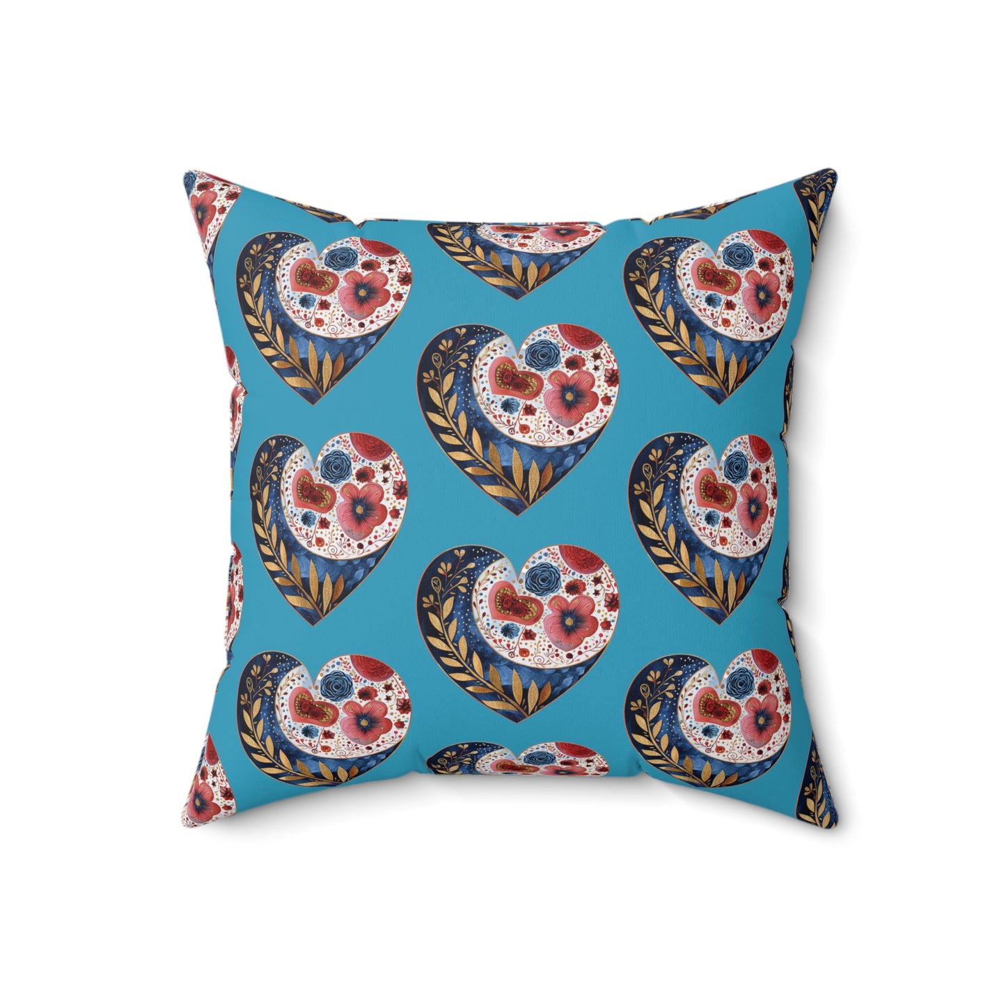 Turquoise Floral Heart Spun Polyester Square Pillow