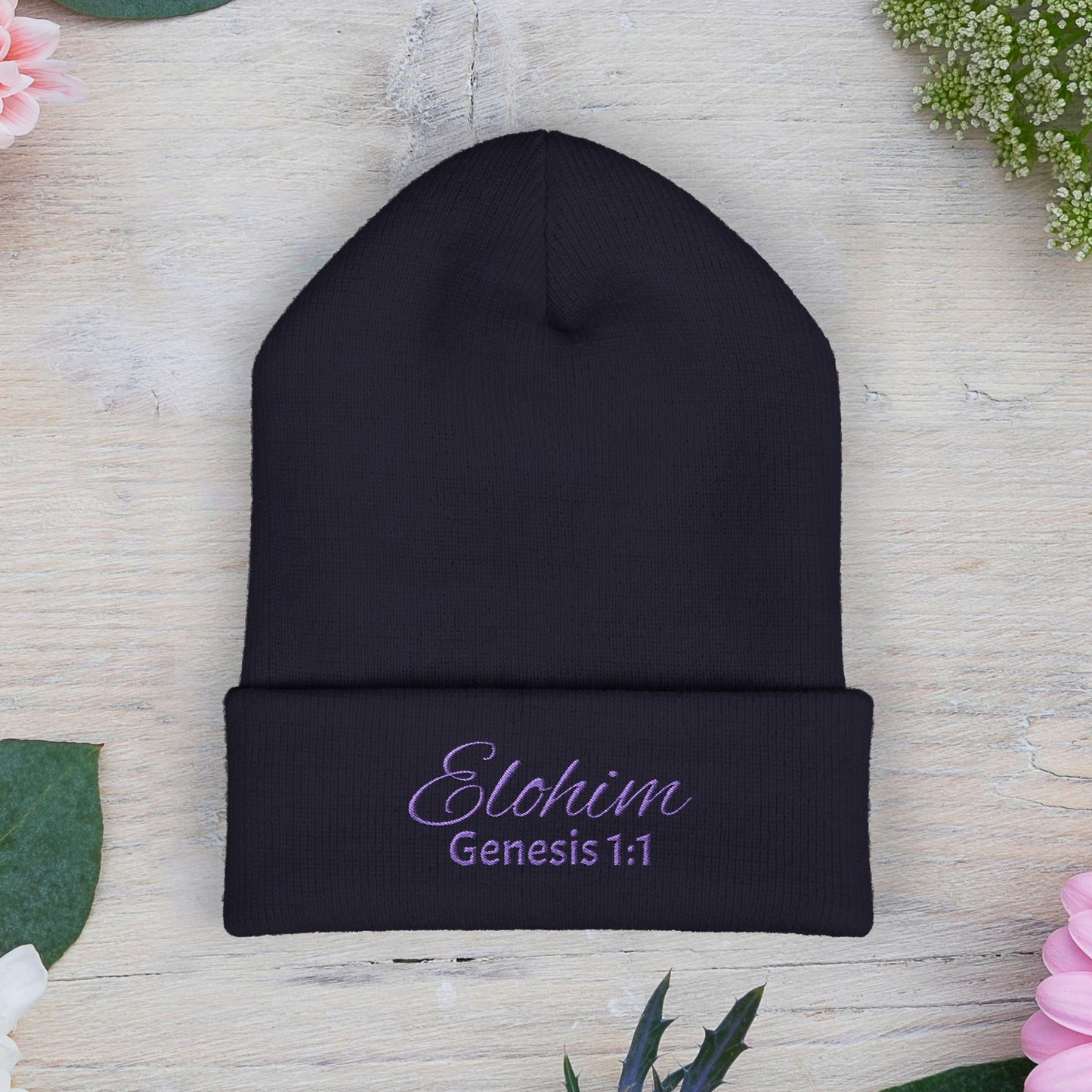 Purple Embroidered 'ELOHIM, GENESIS 1:1' Classic Cuffed Beanie - Cozy Winter Hat, Streetwear Accessory, Personalized Gifts, Religious Apparel, Unisex Beanie