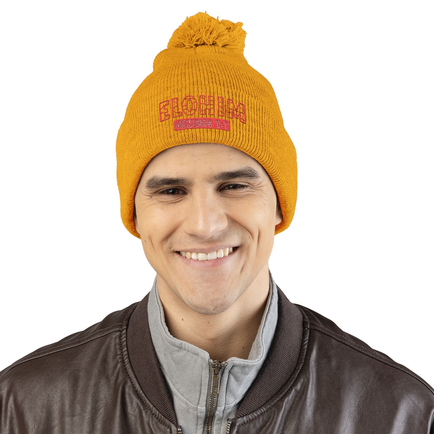 Red Pom-Pom Knit Cap with 'ELOHIM, GENESIS 1:1'  Embroidery Beanie - Stylish Winter Accessory for All Ages, Perfect Gift for Birthdays, Holidays, and Outdoor Activities