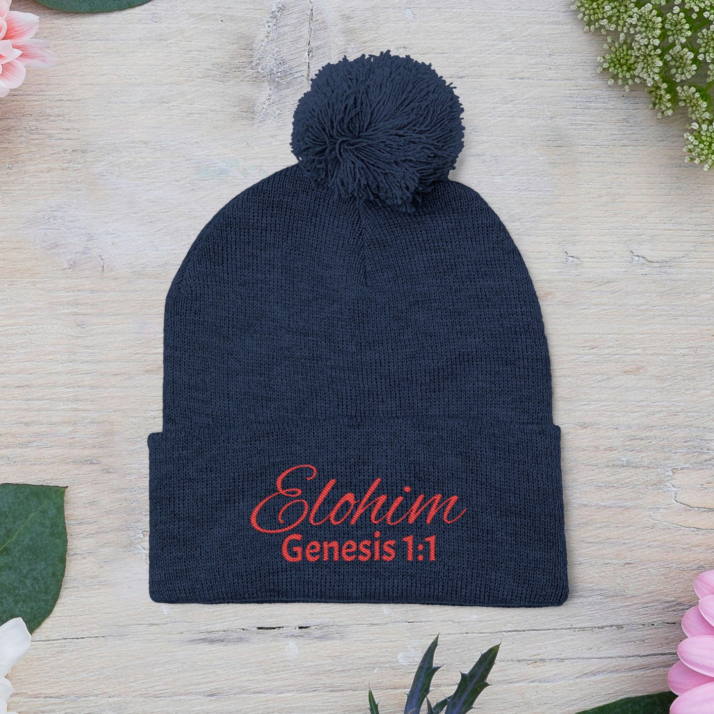 Red Pom-Pom Knit Cap with 'ELOHIM, GENESIS 1:1'  Embroidery Beanie - Stylish Winter Accessory for All Ages, Perfect Gift for Birthdays, Holidays, and Outdoor Activities