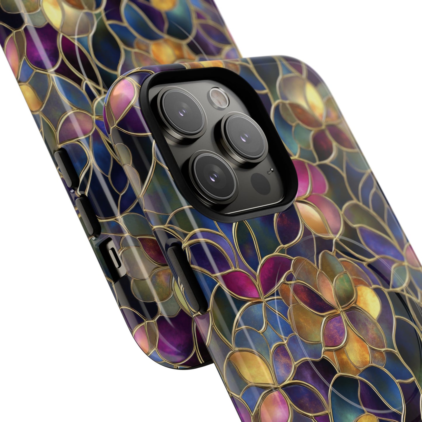 Chromatic Bloom Tough iPhone Magnetic Case, Tough iPhone Cover, Floral iPhone Accessory, Birthday Gift, Elegant Tech Decor, MagSafe Stained Glass Pattern.