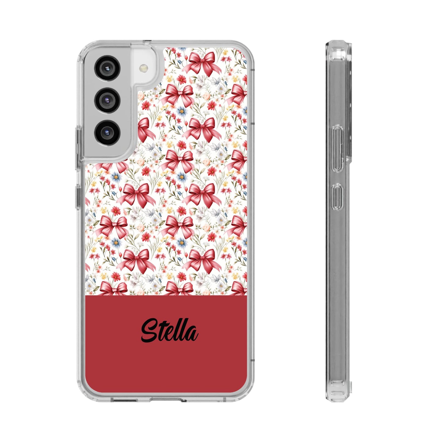 Personalized Rosette Coquette Floral Bow Clear iPhone, Samsung Cases — Custom Name Phone Cover
