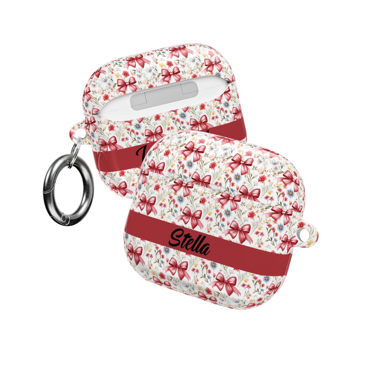 Personalized Rosette Coquette Floral AirPods Pro Gen 1, 2 and Airpods Gen 1, 2, 3, 4 Case — Red Bow Pattern with Custom Name Text.
