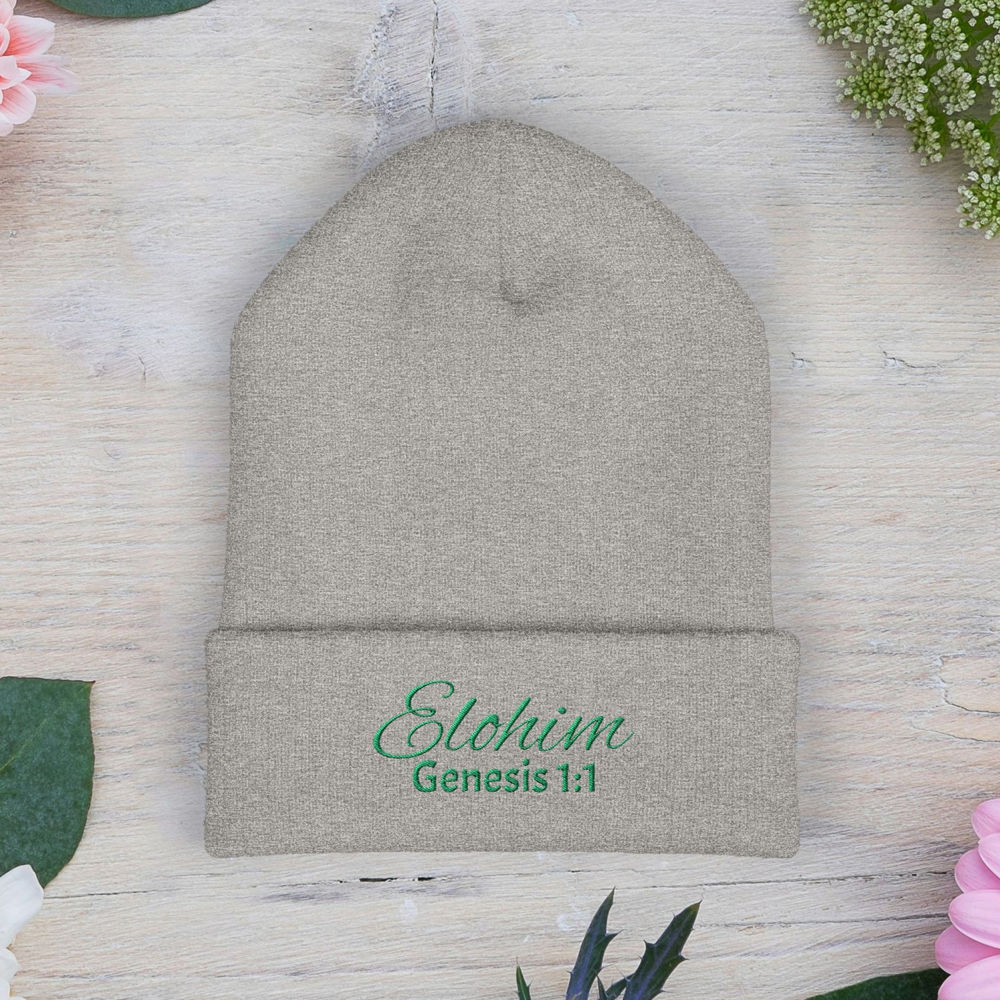 Green Embroidered 'ELOHIM, GENESIS 1:1' Classic Cuffed Beanie - Cozy Winter Hat, Streetwear Accessory, Personalized Gifts, Religious Apparel, Unisex Beanie