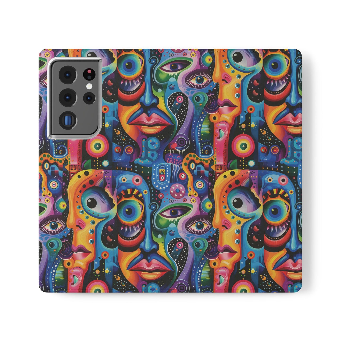 Psychedelic Visions Vibrant Art Flip iPhone and Samsung Phone Case - Colorful Faces Design for Phone Protection