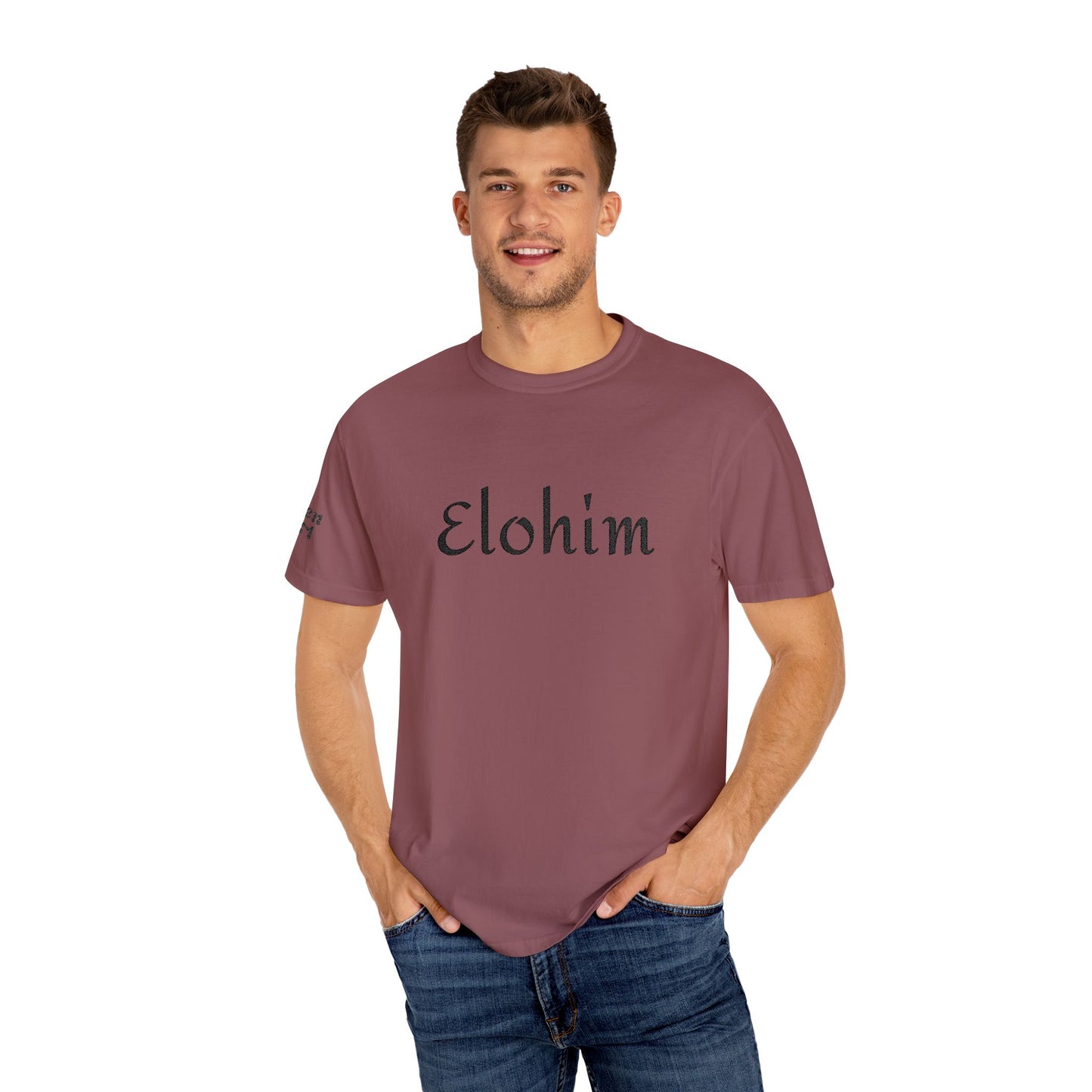 Embroidery 'ELOHIM, GENESIS 1:1' - Faith-Based Unisex Garment-Dyed Comfort Colors T-shirt, Faith Gift Tee, Religious Tee, Embroidery Tee.